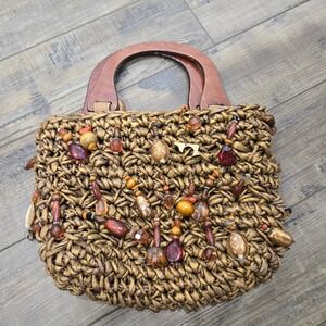 Cappelli Straworld Beaded Straw Handbag Wood Handle Boho Bronze Tote Bag Resort